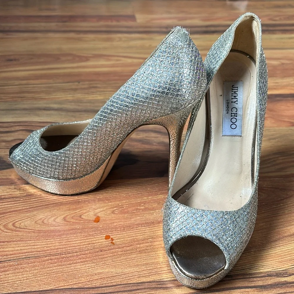 Jimmy Choo Peep Toe Luna Platform Pumps Heels Glitter Fabric Champagne 38/ 7.5 - Picture 1 of 14